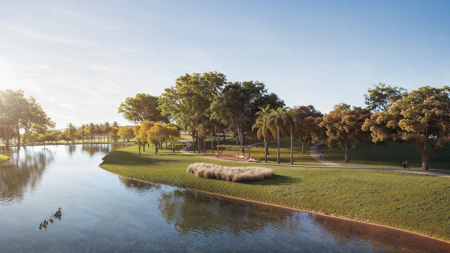 Fazenda Lumiar — praça e lago central ao entardecer