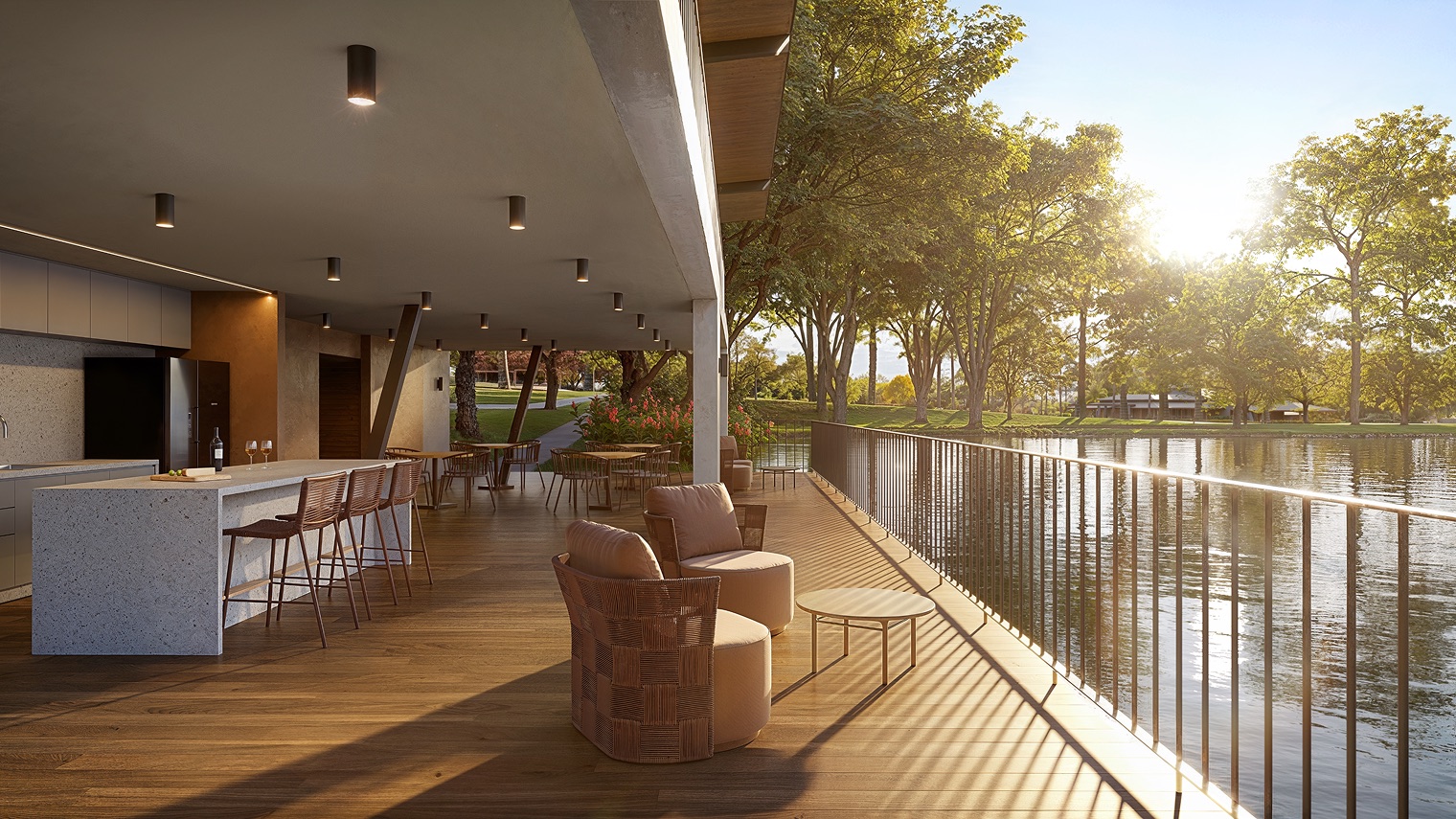 Wine bar sobre o lago ao entardecer